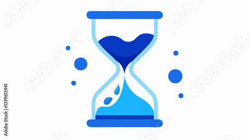 Longlasting Moisture An hourglass with flowing blue liquid and small nanoparticles floating through the sand indicating hydration that lasts over time.