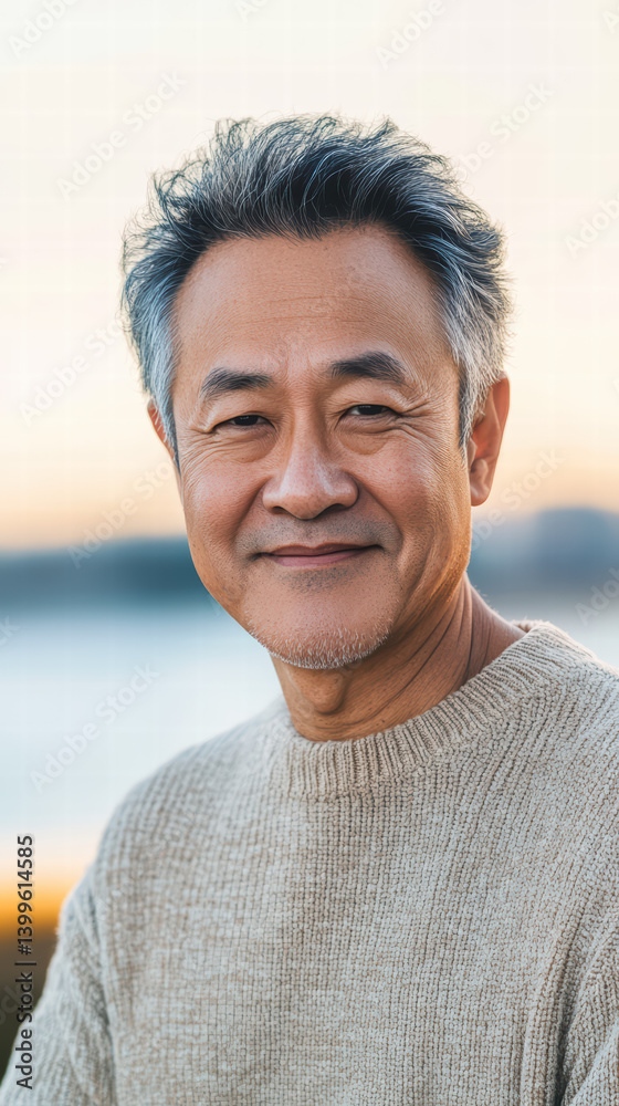 Obraz premium A Serene Smile of an Older Man: A portrait of an older man with a warm, gentle smile, his eyes reflecting a lifetime of experiences, conveying wisdom and contentment.