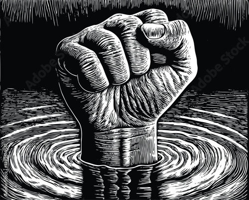 A closed fist surrounded by a calm ripple of energy — vector flat style with strong geometry and clean lines