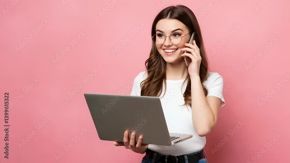 Smiling Woman Using Laptop and Phone Against Pink Background Smiling Woman Using Laptop and Phone Against Pink Background