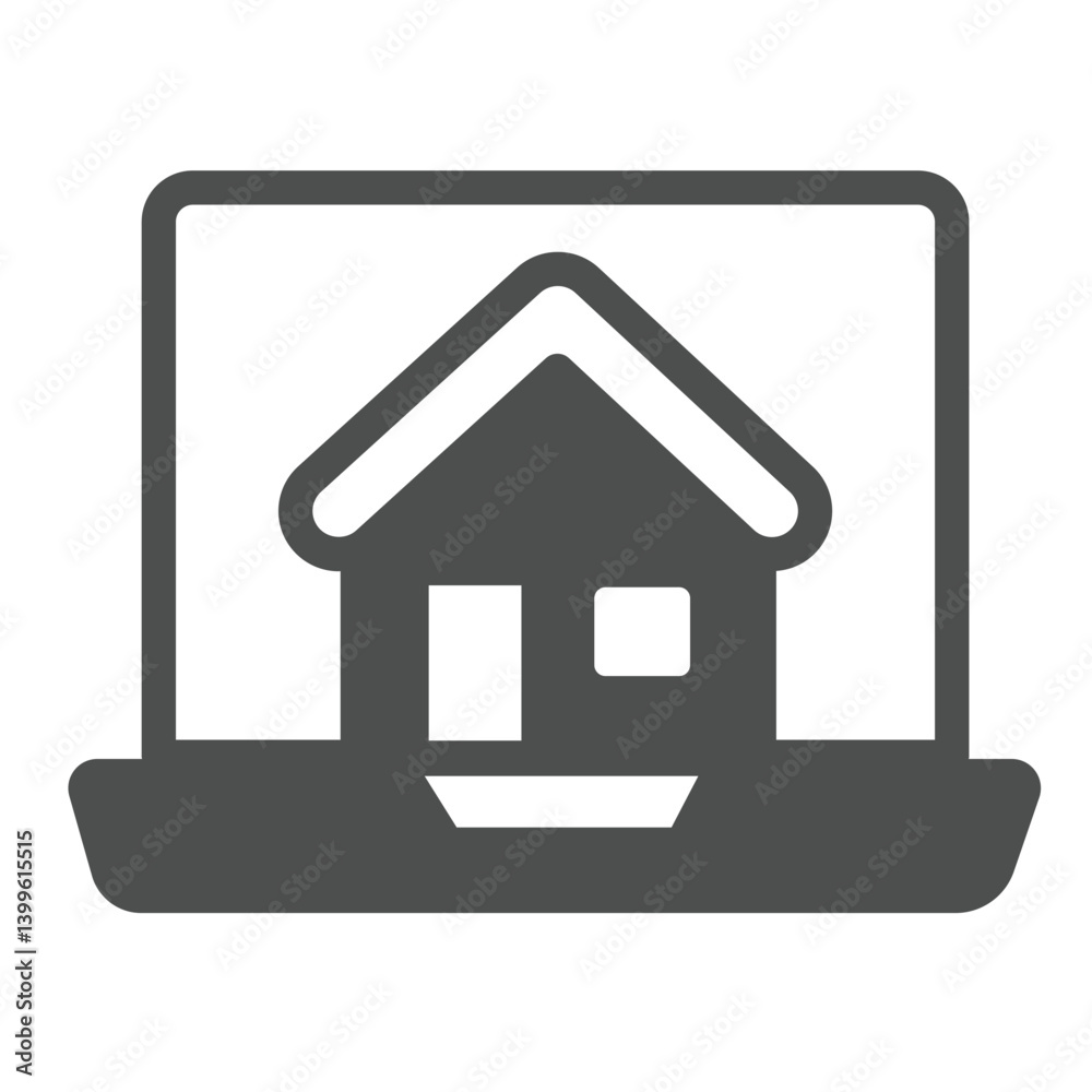 Laptop screen with house solid icon, remote work concept. Vector graphics. Cottage building laptop computer, online sign on white background, glyph style icon for mobile or web design. Laptop screen with house solid icon, remote work concept. Vector graphics. Cottage building laptop computer, online sign on white background, glyph style icon for mobile or web design.