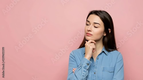 Thoughtful Young Woman in Denim Shirt Against Pink Background