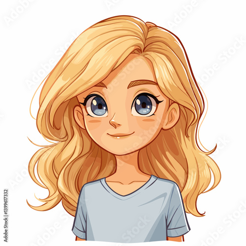 Cute cartoon little girl with long blonde hair. Vector illustration