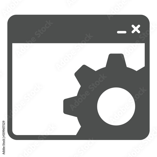 Workshop website with gear solid icon, repair service concept. Vector graphics. Page window and cogwheel, browser sign on white background, glyph style icon for mobile or web design.