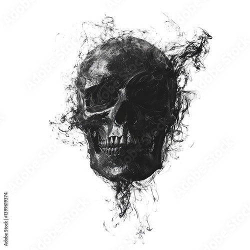 Dark skull with smoke effect digital art gothic horror halloween death skeleton macabre spooky illustration 3d on transparent background