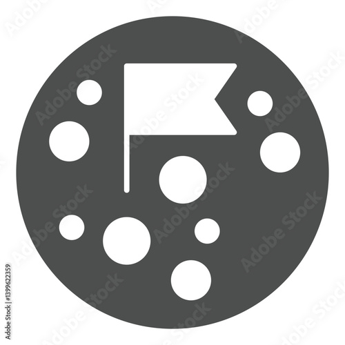 Moon with craters and flag solid icon, cosmos concept. Vector graphics. Planet exploration, mission complete mark sign on white background, glyph style icon for mobile or web design.
