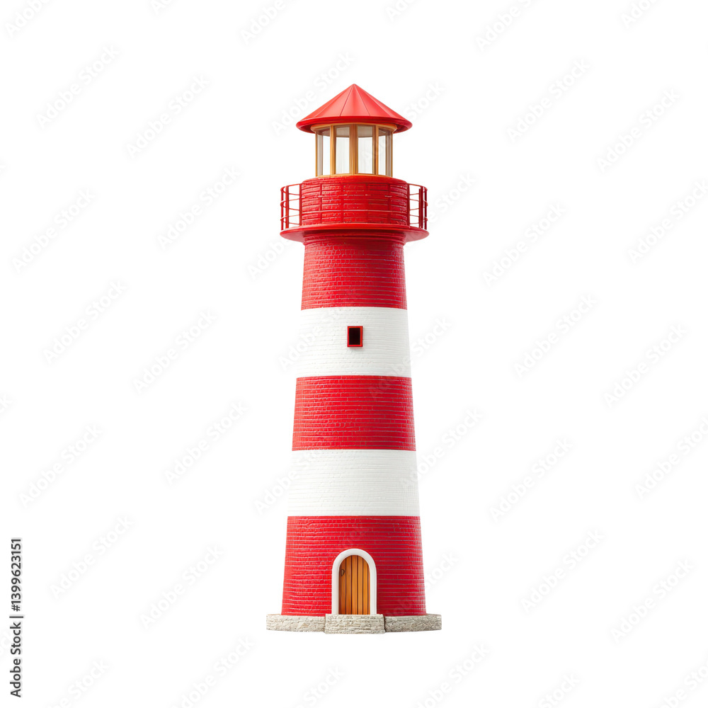 Red and white striped lighthouse on a white background. Nautical theme, coastal decor. Red and white striped lighthouse on a white background. Nautical theme, coastal decor.