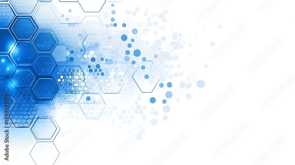 Obraz premium Abstract technology background. A digital illustration features overlapping, light-blue hexagons. Layered with a light-blue, dotted pattern, and a scattering of small, light-blue 