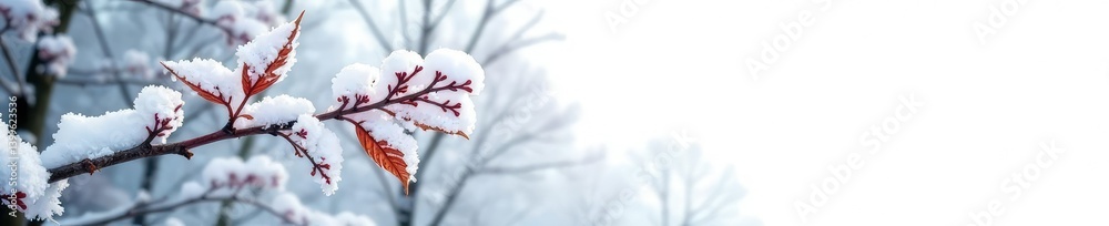 Snowy forest branch with bare winter leaves isolated on white background, cold weather, winter wonderland Snowy forest branch with bare winter leaves isolated on white background, cold weather, winter wonderland