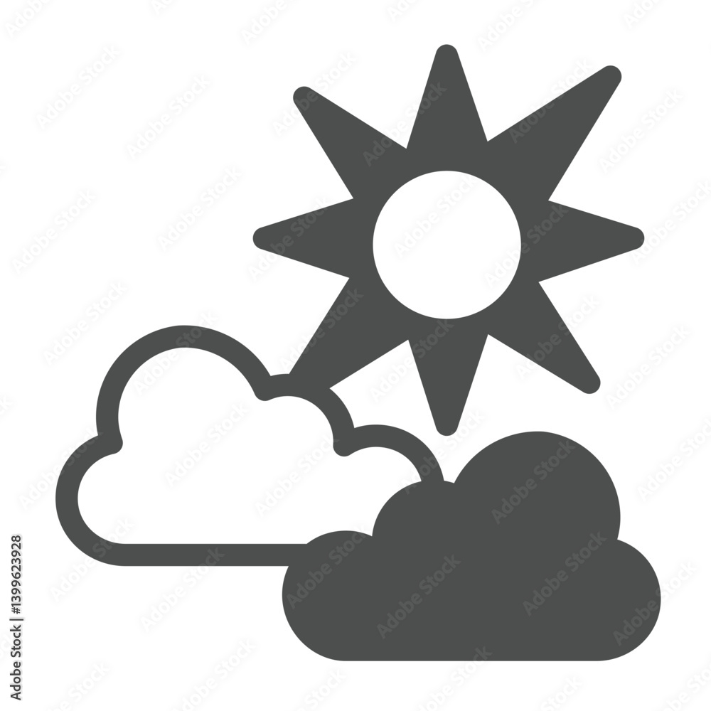 Clouds and sun with light rays solid icon, climate change concept. Vector graphics. Weather sign on white background, glyph style icon for mobile or web design. Clouds and sun with light rays solid icon, climate change concept. Vector graphics. Weather sign on white background, glyph style icon for mobile or web design.