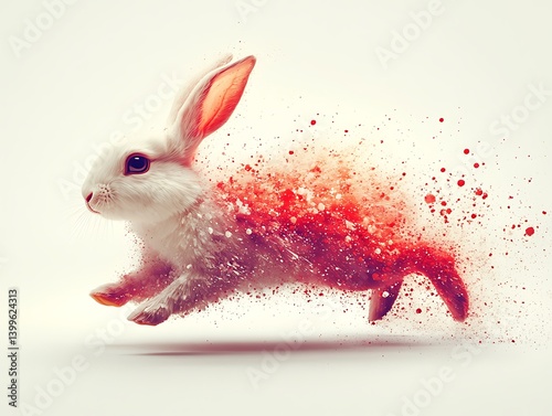 A grunge paint splatter rabbit with playful ink details, meadow flower textures, soft pastel lighting, low-angle hopping perspective, cute and lively