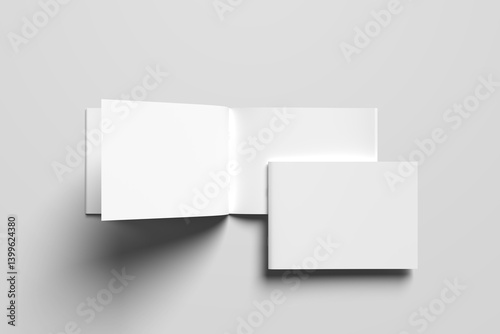 Vector mockup of two thin books with soft cover isolated. Gray horizontal magazine, brochure or booklet template opened and closed on white background. 3d illustration for your design