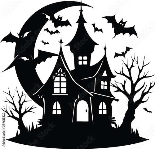 Haunted House Silhouette Vector | Spooky Mansion Design for Halloween Themes