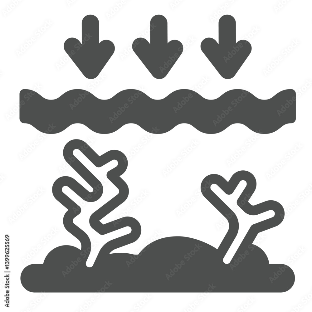 Water surface pollution solid icon, ecology danger concept. Vector graphics. Underwater corals, flora sign on white background, glyph style icon for mobile or web design. Water surface pollution solid icon, ecology danger concept. Vector graphics. Underwater corals, flora sign on white background, glyph style icon for mobile or web design.