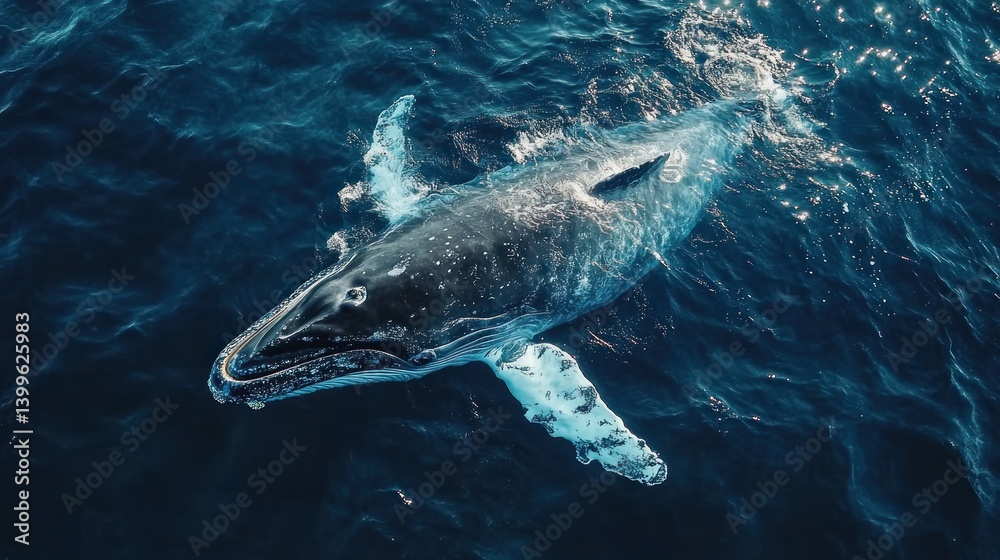 Fototapeta premium Aerial View of a Humpback Whale Gracefully Swimming in the Deep Blue Ocean
