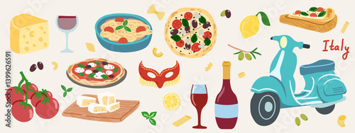 Italy travel clipart set with Italian symbols. Hand drawn Italian design elements of traditional Italian food, scooter, cheese, wine, mask, pizza, pasta, olives, lemon, tomato and popular symbols