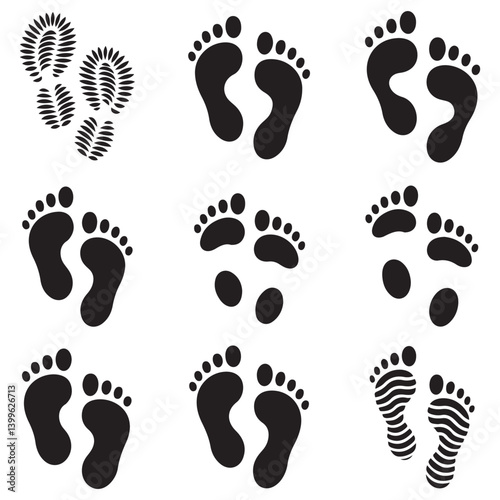 Different human footprints icon. Vector Black silhouettes. with white background
