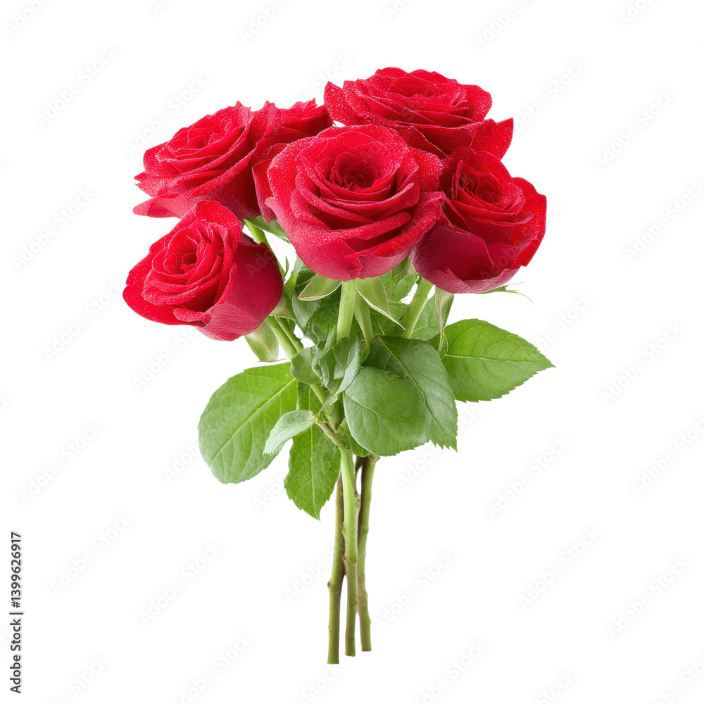 Fototapeta premium Bouquet of red roses with water droplets on a white background. Perfect for Valentine's Day, anniversaries, or romantic occasions.