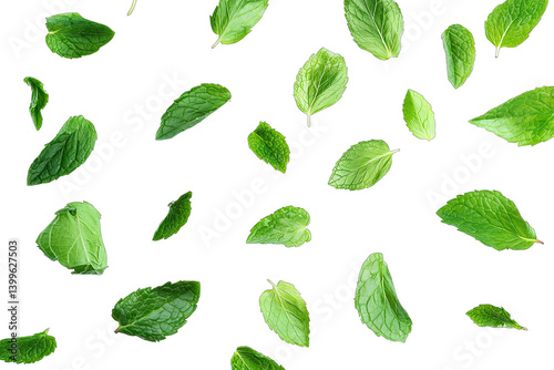 various mint leaves scattered on a white background showcasing their vibrant green colors and different shapes ideal for culinary use or herbal remedies