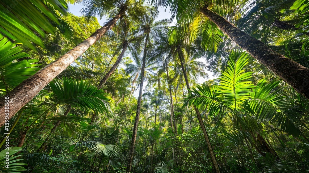 Fototapeta premium Exploring Tropical Rainforest Canopy with Palm Trees and Lush Greenery