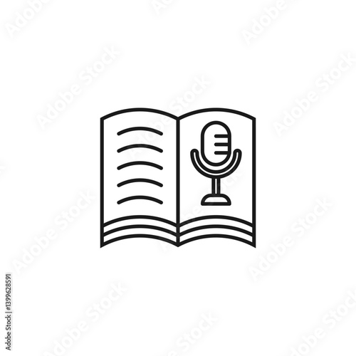 Open book with a microphone. A theme for audiobook or podcast, voice narration. Outline vector icon and logo. Illustration on white background.
