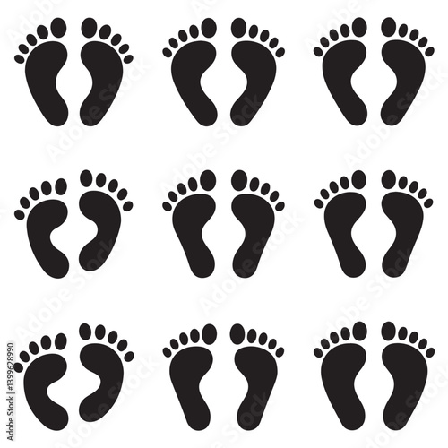 Different human footprints icon. Vector Black silhouettes. with white background