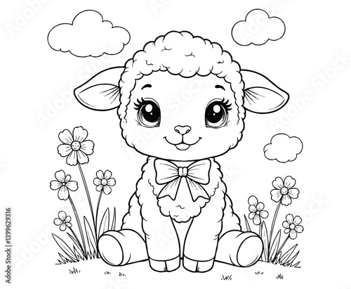 Sweet Lamb and Flowers coloring page