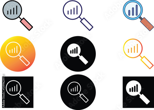 Magnifying glass with data bars icon set representing data analysis, search insights, and analytics. Perfect for business reports, SEO tools, and market research visuals.