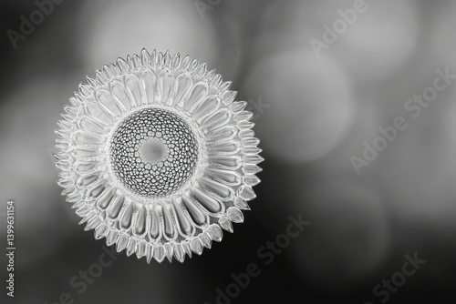 Intricate, glass-like diatom resembling a sunflower, showcasing radial symmetry and complex cellular structure.