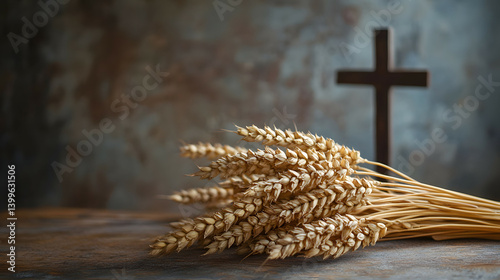 A scene of a cross standing next to an ear of wheat