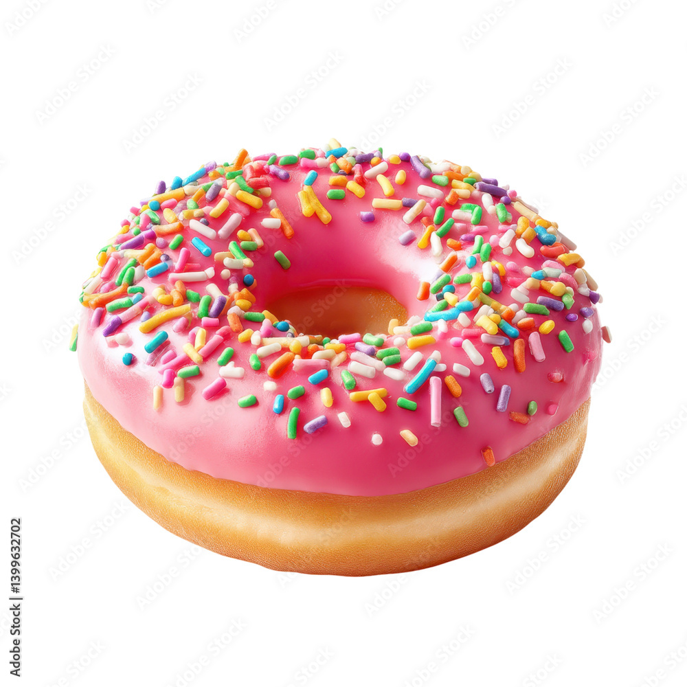Delicious donut with pink frosting and colorful sprinkles. Sweet treat concept.