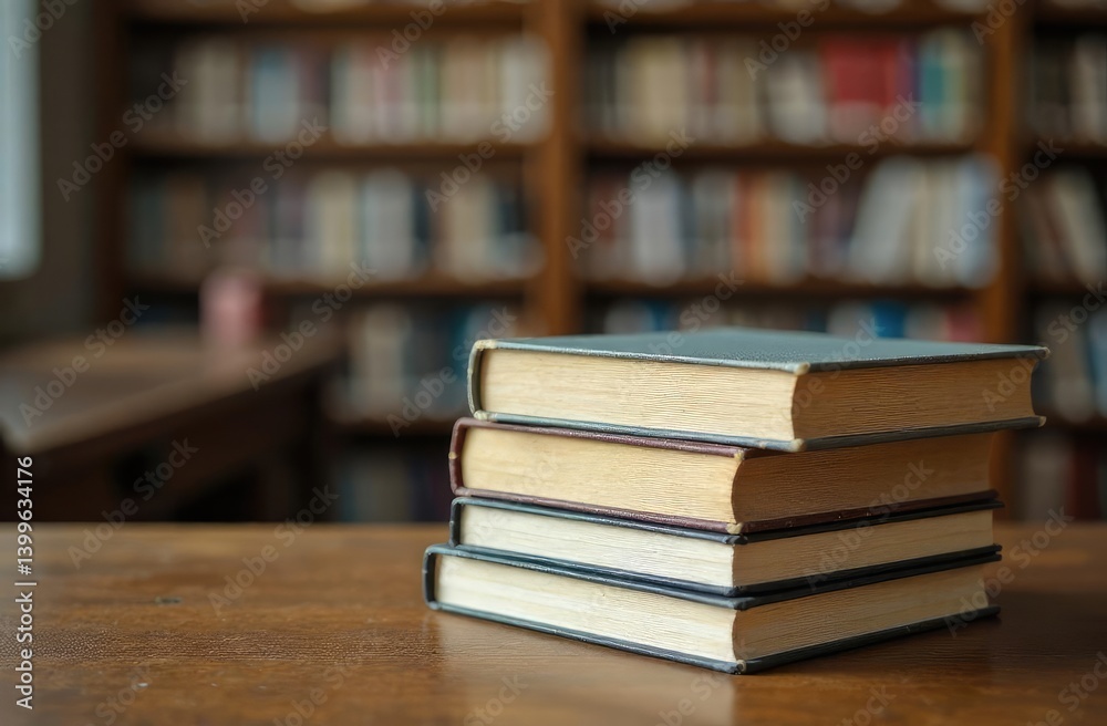 Book stack on the desk in public library Book stack on the desk in public library