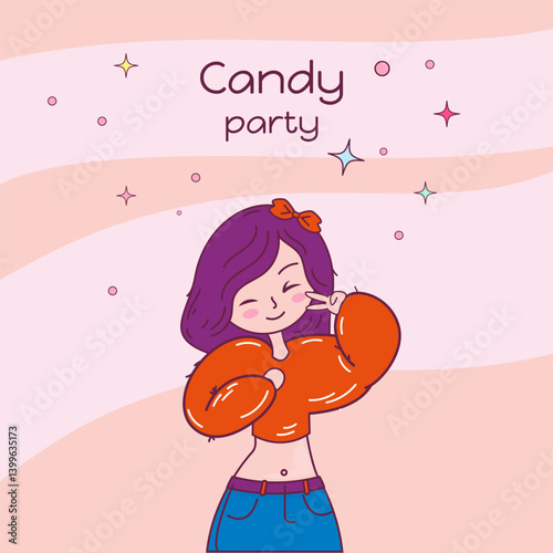 teenage girl makes cute face lettering in background candy party
