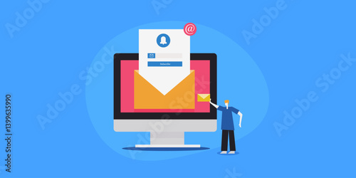Subscribe to newsletter concept. Email message delivered. Open email with subscribe CTA button page and man with mail in hand.