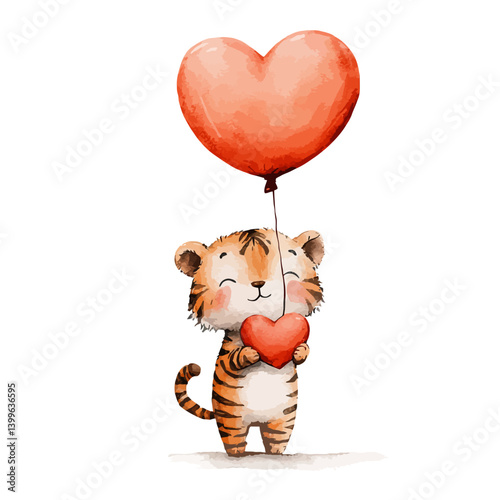 Valentine's Tiger: A charming illustration of a tiger cub, holding a heart and a heart-shaped balloon, perfect for expressing love and affection. 