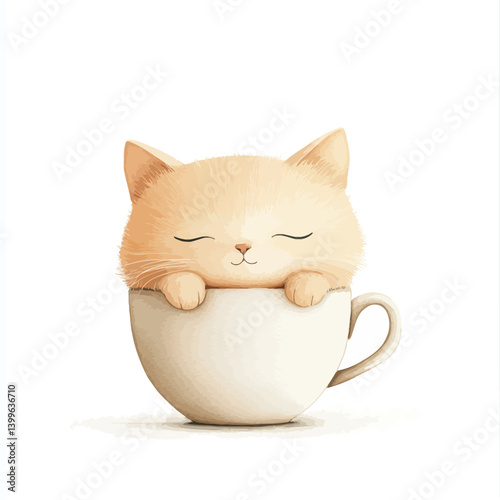 Cozy Cat in a Teacup: A charming, adorable cat snuggles contentedly inside a teacup. Illustrating serenity and a moment of pure comfort, perfect for a peaceful aesthetic.