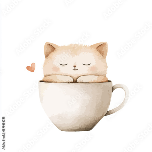 Cozy Kitten in a Cup: A charming illustration of a serene kitten nestled comfortably inside a cup, evoking feelings of warmth and contentment.