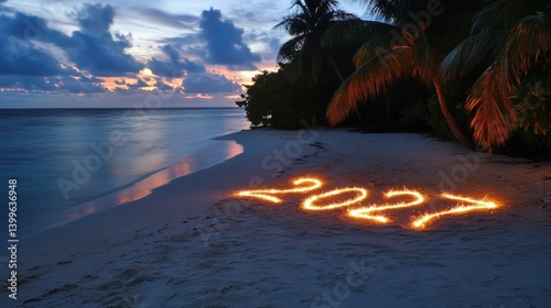Brightly lit numbers 2027 are drawn in the sand as the sun sets over a tranquil beach, surrounded by palm trees and gentle waves