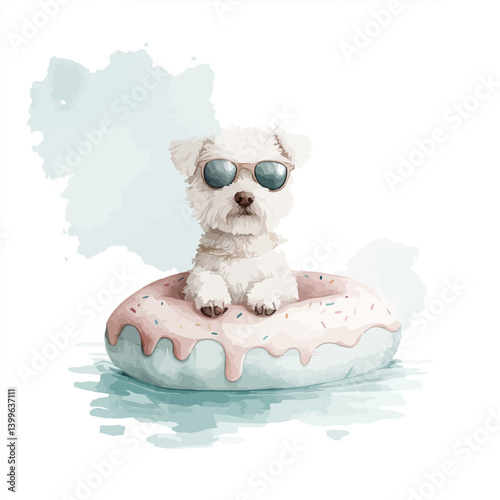 Dog Days of Summer: A charming canine, sporting cool shades, floats serenely on a delightful donut-shaped inflatable in a serene aquatic setting. Capturing the essence of carefree summer fun and joy.