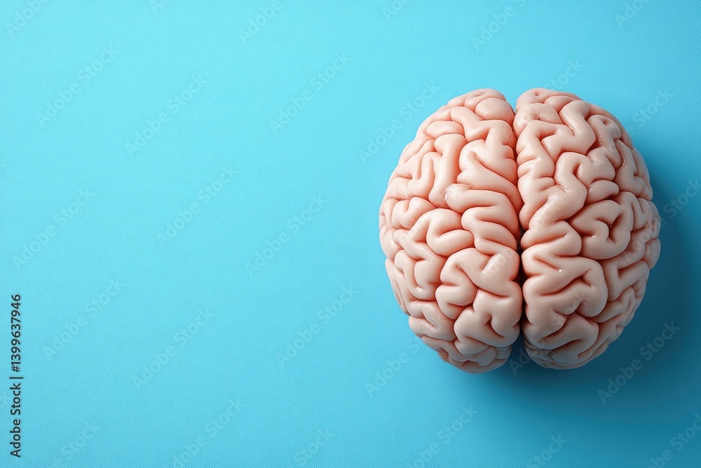3D rendered cerebral organ with gyri and sulci. Light peach color over light blue background 3D rendered cerebral organ with gyri and sulci. Light peach color over light blue background