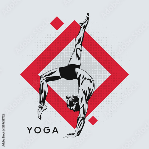 Vector illustration of a strong athletic man performing a handstand yoga pose. He balances gracefully with defined muscles, set against a red geometric diamond and halftone dot background