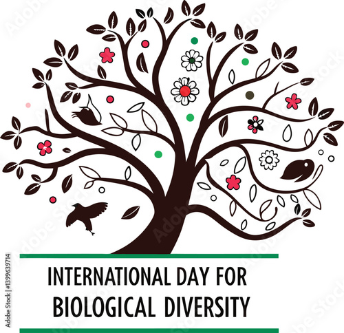 International Day for Biological Diversity: A symbolic depiction of life's variety, with a stylized tree adorned with blossoms, leaves and birds, celebrating global biodiversity.
