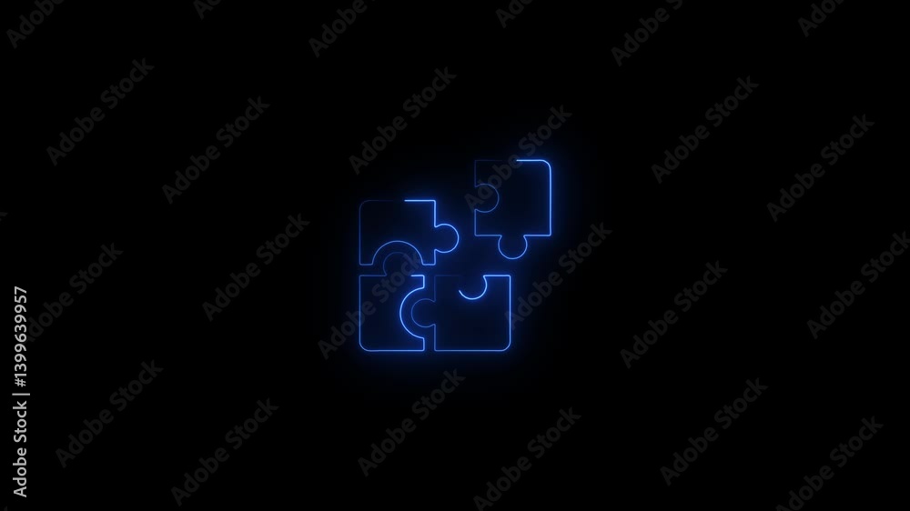 Animated Video of neon puzzle. Puzzle of four elements. Animation Of Jigsaw Puzzle Problem Solved. Concept of Jigsaw Missing Piece, Business Growth Team Work.
