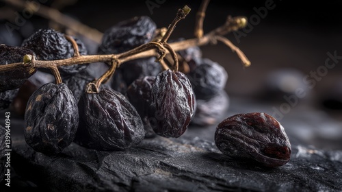 Close-up of wrinkled raisins, dark and sweet, a cluster of naturally dried grapes - fall healthy cooking