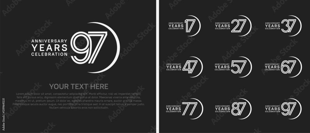 Naklejka premium logo anniversary set. white color with swoosh on black background for special event