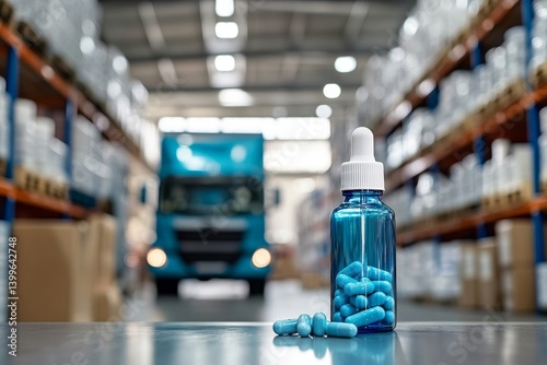 Blue pills in a clear bottle, warehouse background
