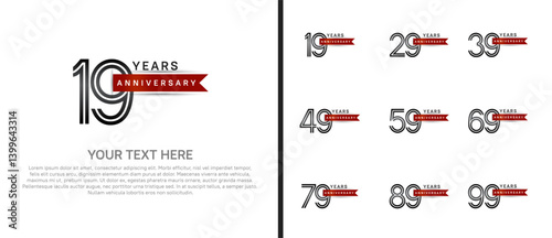 logo anniversary set. black color with red ribbon on white background for special event