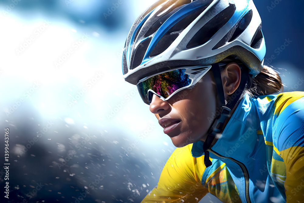 Cyclist in vibrant gear racing through a challenging terrain with intense focus and determination Cyclist in vibrant gear racing through a challenging terrain with intense focus and determination