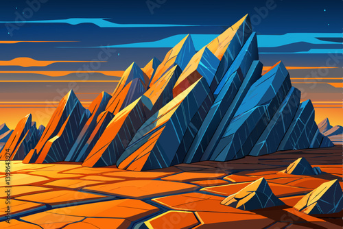 saturated granite ridge mountains peak under bold colored light with heavy stone, granite ridge extending across a dry plain, bathed in saturated orange and cerulean light
