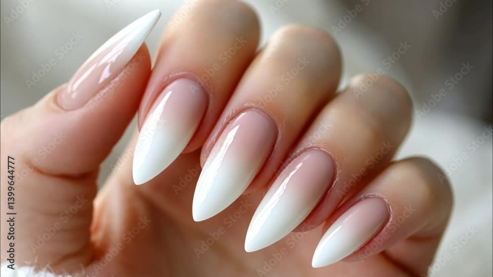 Beautiful long stiletto nails with elegant ombre design in a cozy indoor setting